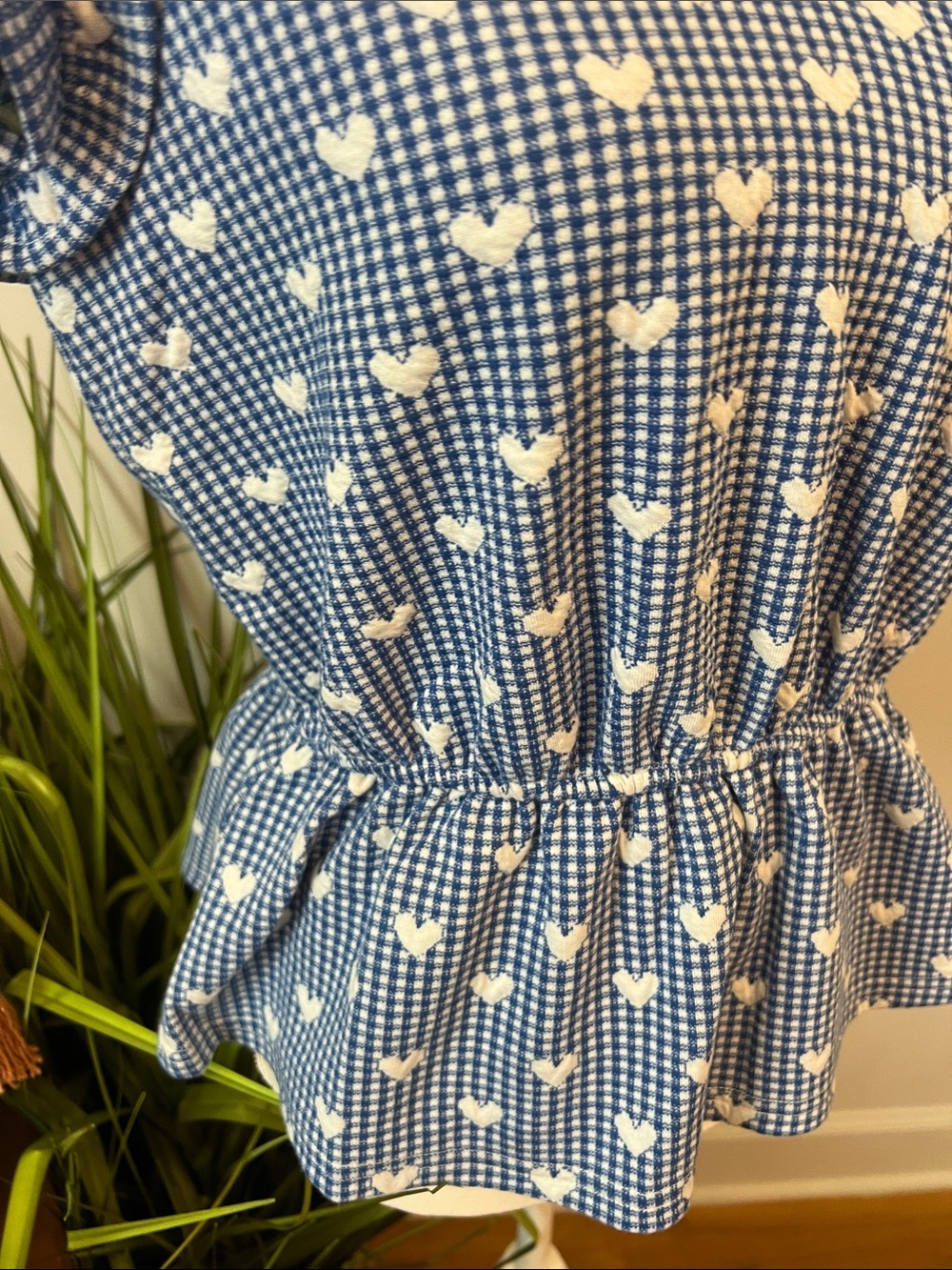 Blue Heart-Print Gingham Ruffle Sleeve Blouse - Picture 3 of 5